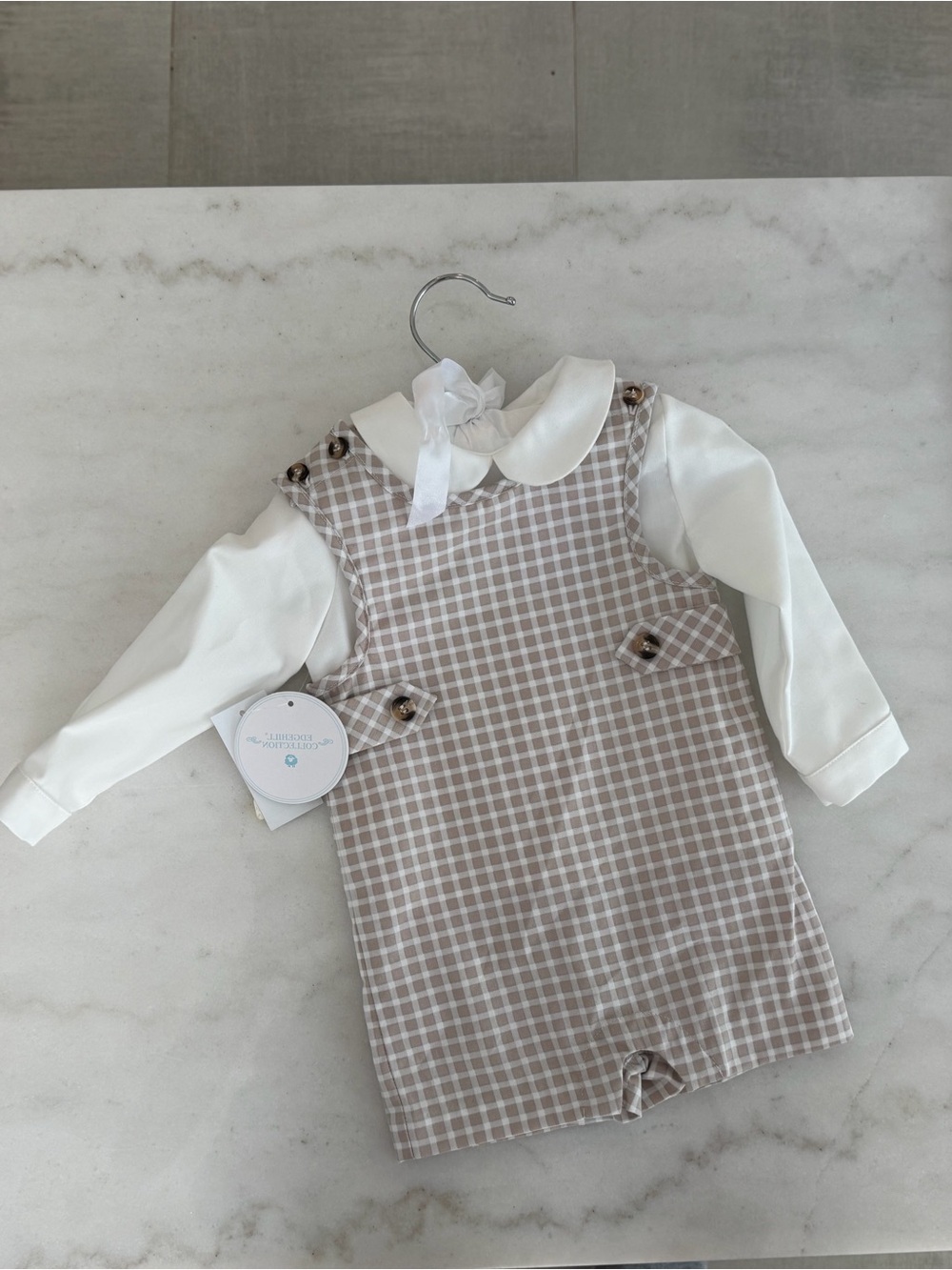 Edgehill Collection Beige Gingham Pinafore Dress with White Blouse